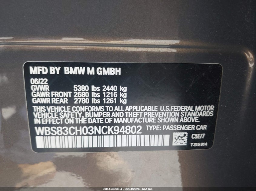2022 BMW M5 VIN WBS83CH03NCK94802 IAAI salvage auction — FRONT END, Salvage Title, sold $46,725 on 2026-08-27 (photo 9)