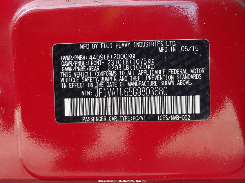 2016 Subaru Wrx VIN JF1VA1E65G9803680 IAAI salvage auction — MECHANICAL, Clear (Florida), sold $1,725 on 2026-07-15 (photo 9)