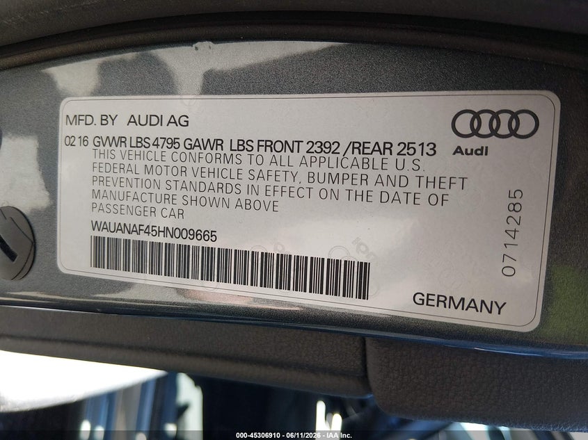 2017 Audi A4 VIN WAUANAF45HN009665 IAAI salvage auction — REAR END, Salvage (New Mexico), sold $4,250 on 2026-07-27 (photo 9)