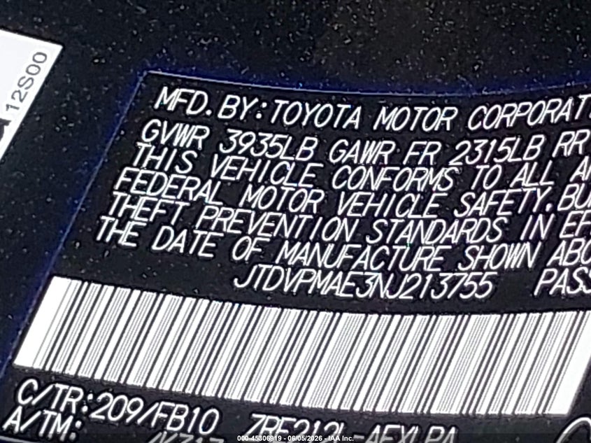 2022 Toyota Corolla VIN JTDVPMAE3NJ213755 IAAI salvage auction — FRONT END, Salvage Title, sold $2,150 on 2026-07-28 (photo 9)
