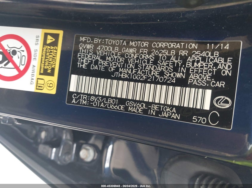 2015 Lexus ES VIN JTHBK1GG2F2170724 IAAI salvage auction — HAIL, Salvage Title, sold $12,650 on 2026-07-10 (photo 9)
