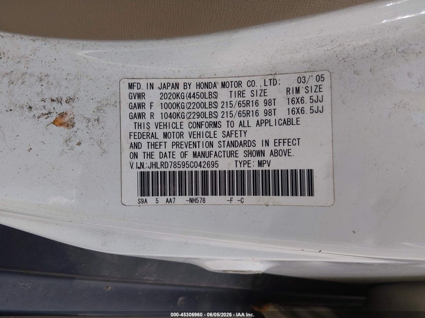 2005 Honda Cr-v VIN JHLRD78595C042695 IAAI salvage auction — RIGHT SIDE, Salvage (Ohio), sold $325 on 2026-07-07 (photo 9)