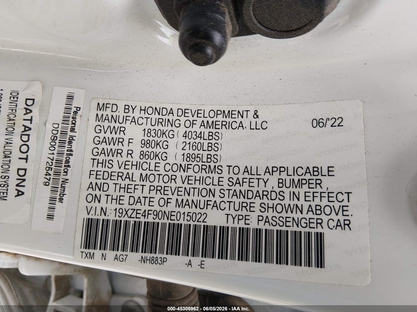 2022 Honda Insight VIN 19XZE4F90NE015022 IAAI salvage auction — SIDE, Salvage Title, sold $6,400 on 2026-07-22 (photo 9)