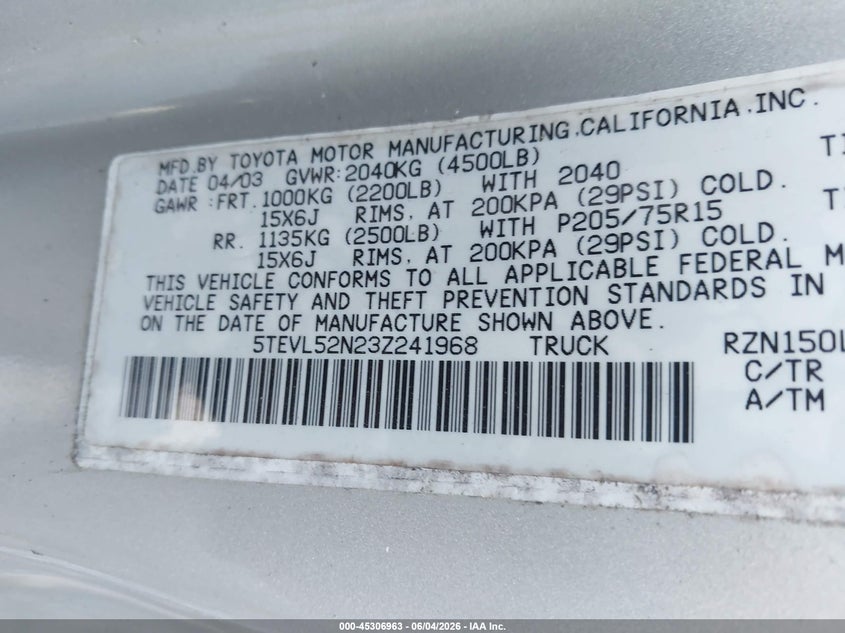 2003 Toyota Tacoma VIN 5TEVL52N23Z241968 IAAI salvage auction — NORMAL WEAR, Clear (New York), sold $2,050 on 2026-07-14 (photo 9)