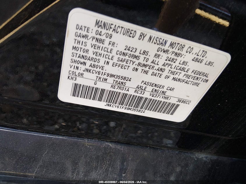 2009 Infiniti G37 VIN JNKCV61F99M355824 IAAI salvage auction — UNKNOWN, Bill Of Sale (New York), sold $425 on 2026-07-07 (photo 9)