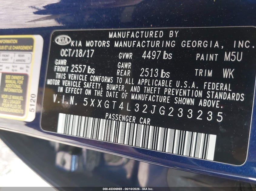2018 Kia Optima VIN 5XXGT4L32JG233235 IAAI salvage auction — REAR END, Salvage (Indiana), sold $1,650 on 2026-07-08 (photo 9)