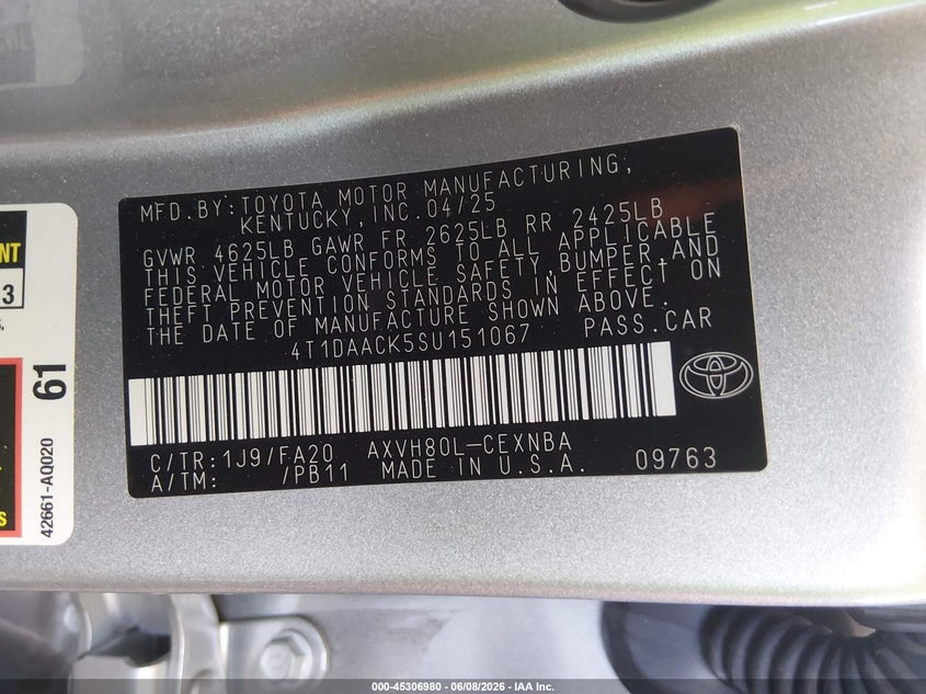 2025 Toyota Camry VIN 4T1DAACK5SU151067 IAAI salvage auction — RIGHT FRONT, Salvage (Arizona), sold $9,200 on 2026-07-28 (photo 9)