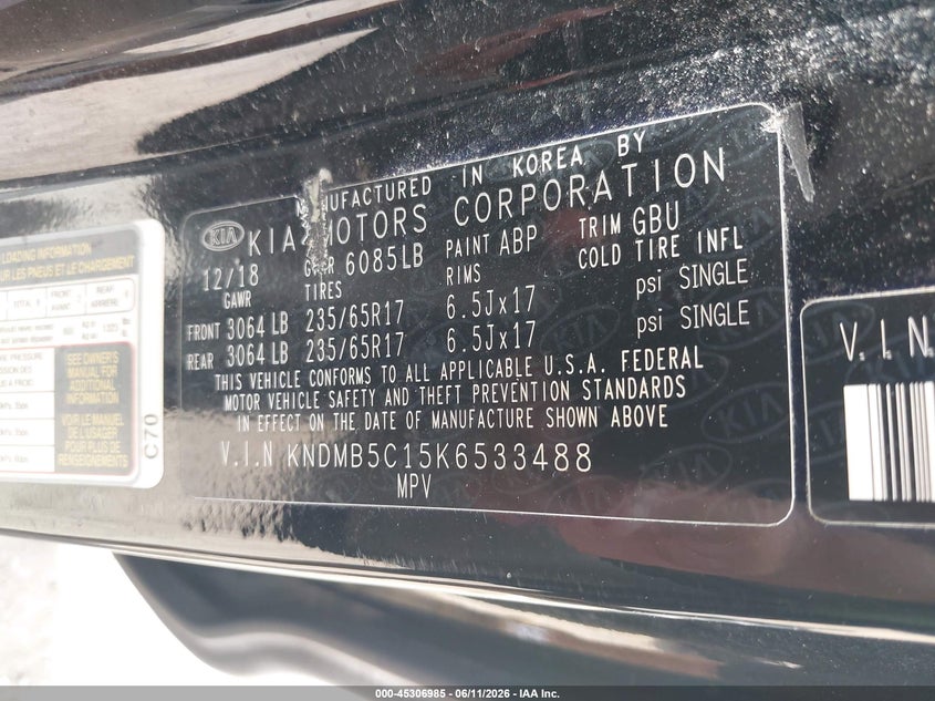 2019 Kia SEDONA VIN KNDMB5C15K6533488 IAAI salvage auction — FRONT END, Mv-907A (New York), sold $75 on 2026-07-28 (photo 9)