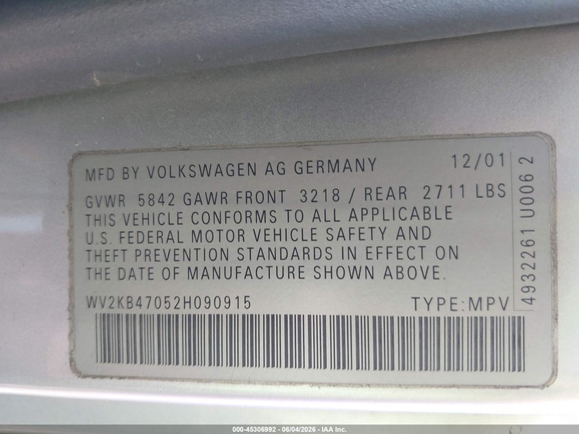 2002 Volkswagen Eurovan VIN WV2KB47052H090915 IAAI salvage auction — NORMAL WEAR, Clear (Hawaii), sold $2,450 on 2026-07-21 (photo 9)