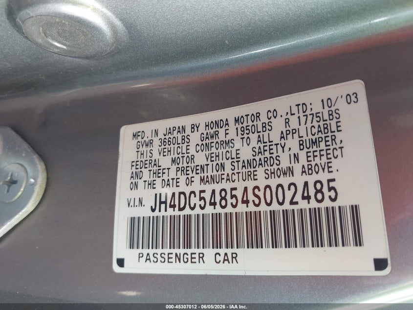 2004 Acura Rsx VIN JH4DC54854S002485 IAAI salvage auction — NORMAL WEAR, Clear-Dealer Only (Arizona), sold $425 on 2026-07-21 (photo 9)
