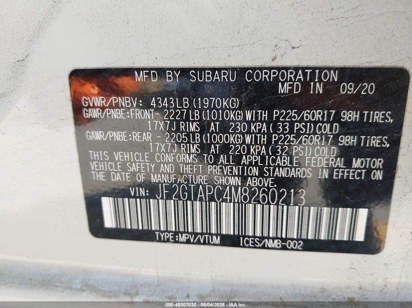 2021 Subaru Crosstrek VIN JF2GTAPC4M8260213 IAAI salvage auction — NORMAL WEAR, Clear (Washington), sold $400 on 2026-07-28 (photo 9)