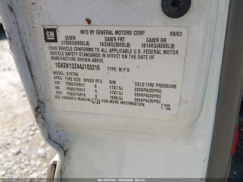 2004 Gmc Yukon VIN 1GKEK13Z44J103216 IAAI salvage auction — NORMAL WEAR, Repossession Paperwork (Georgia), sold $500 on 2026-07-09 (photo 9)