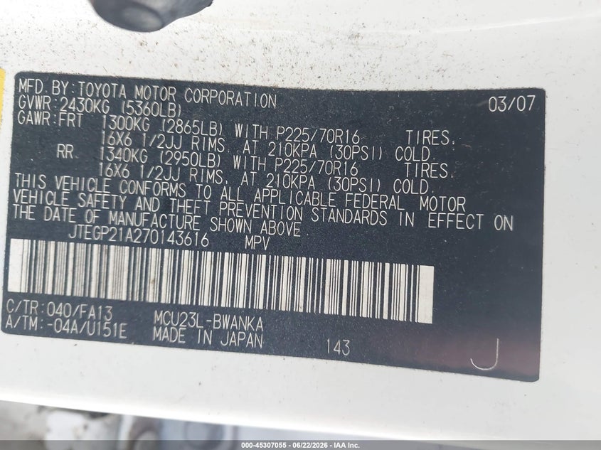 2007 Toyota Highlander VIN JTEGP21A270143616 IAAI salvage auction — NORMAL WEAR, Clear (Florida), sold $25 on 2026-07-23 (photo 9)