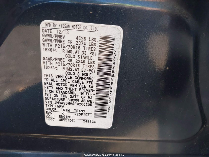 2014 Nissan Rogue VIN JN8AS5MV9EW200305 IAAI salvage auction — NORMAL WEAR, Clear (New Jersey), sold $450 on 2026-07-20 (photo 9)