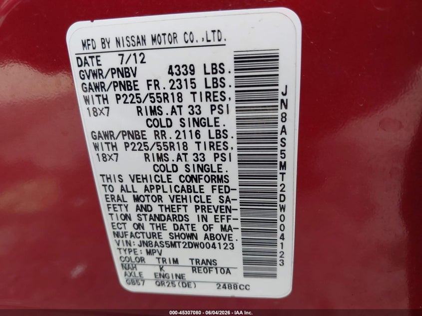 2013 Nissan Rogue VIN JN8AS5MT2DW004123 IAAI salvage auction — NORMAL WEAR, Clear - Public Restricted (Oklahoma), sold $500 on 2026-07-18 (photo 9)