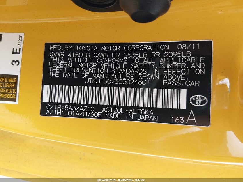 2012 Scion Tc VIN JTKJF5C73C3024801 IAAI salvage auction — LEFT REAR, Salvage Title, sold $550 on 2026-07-15 (photo 9)
