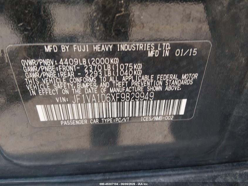 2015 Subaru Wrx VIN JF1VA1D6XF9829949 IAAI salvage auction — LEFT FRONT, Salvage Title, sold $2,150 on 2026-08-02 (photo 9)