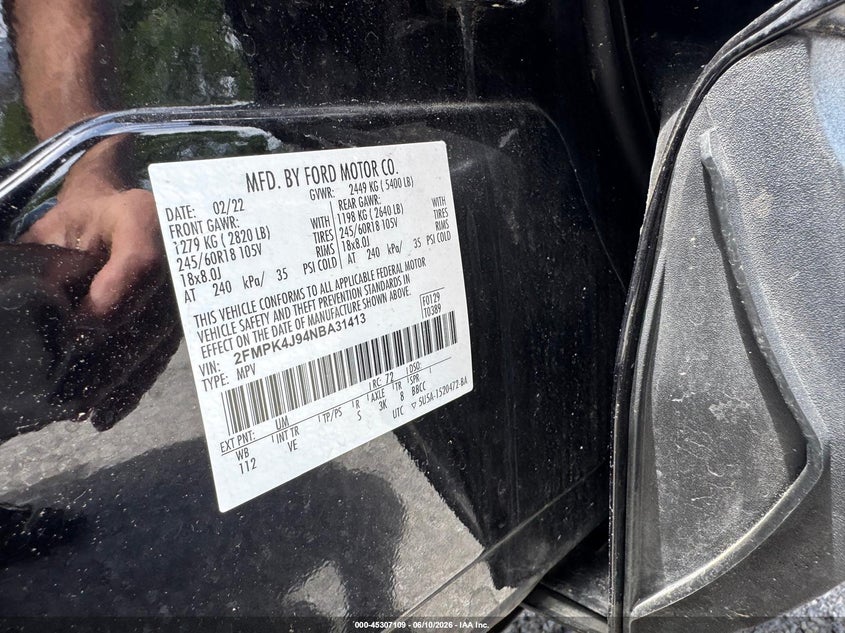2022 Ford Edge VIN 2FMPK4J94NBA31413 IAAI salvage auction — RIGHT SIDE, Salvage Title, sold $10,950 on 2026-07-19 (photo 9)