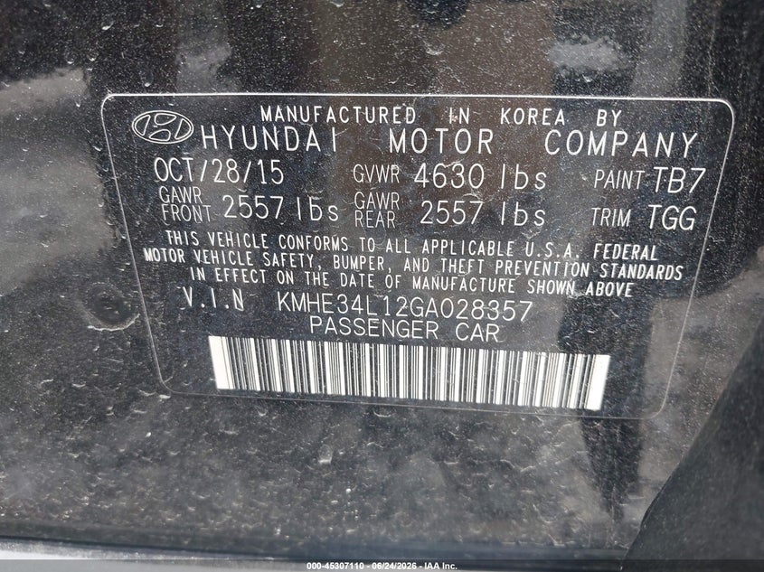 2016 Hyundai Sonata hybrid VIN KMHE34L12GA028357 IAAI salvage auction — LEFT & RIGHT, Repossession Paperwork (Georgia), sold $1,500 on 2026-07-25 (photo 9)