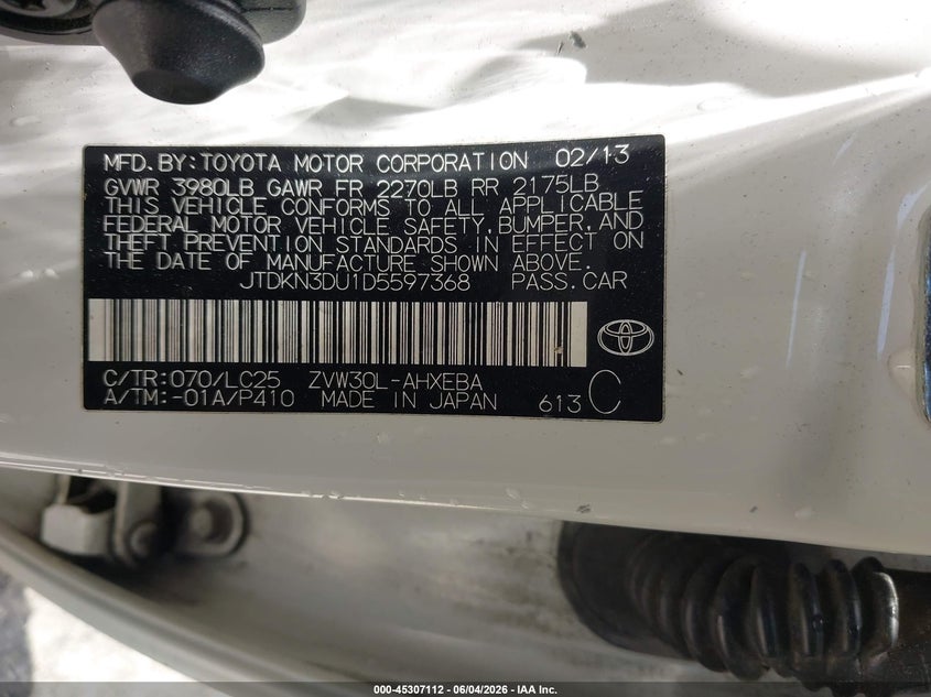 2013 Toyota Prius VIN JTDKN3DU1D5597368 IAAI salvage auction — NORMAL WEAR, Repossession Paperwork (Georgia), sold $2,850 on 2026-07-16 (photo 9)