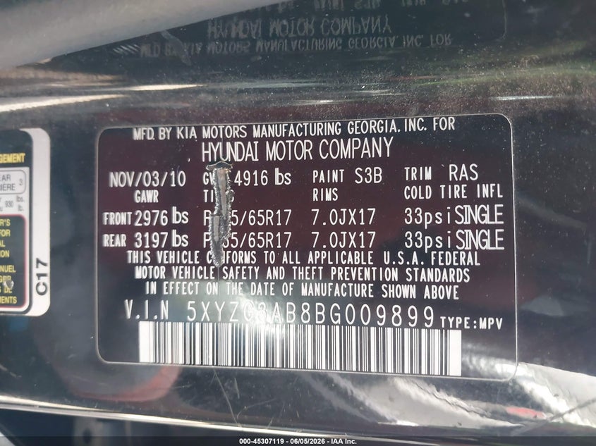 2011 Hyundai Santa fe VIN 5XYZG3AB8BG009899 IAAI salvage auction — LEFT REAR, Clear (Alabama), sold $25 on 2026-07-22 (photo 9)