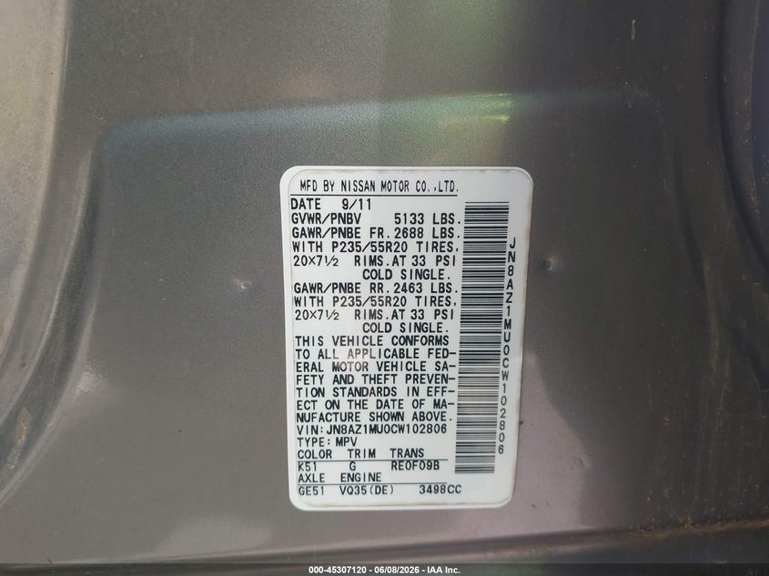 2012 Nissan Murano VIN JN8AZ1MU0CW102806 IAAI salvage auction — NORMAL WEAR, Clear (Mississippi), sold $525 on 2026-07-16 (photo 9)