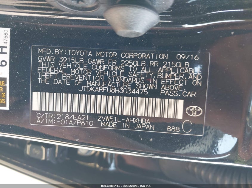2017 Toyota Prius VIN JTDKARFU8H3034475 IAAI salvage auction — REAR END, Salvage Title, sold $3,250 on 2026-07-29 (photo 9)
