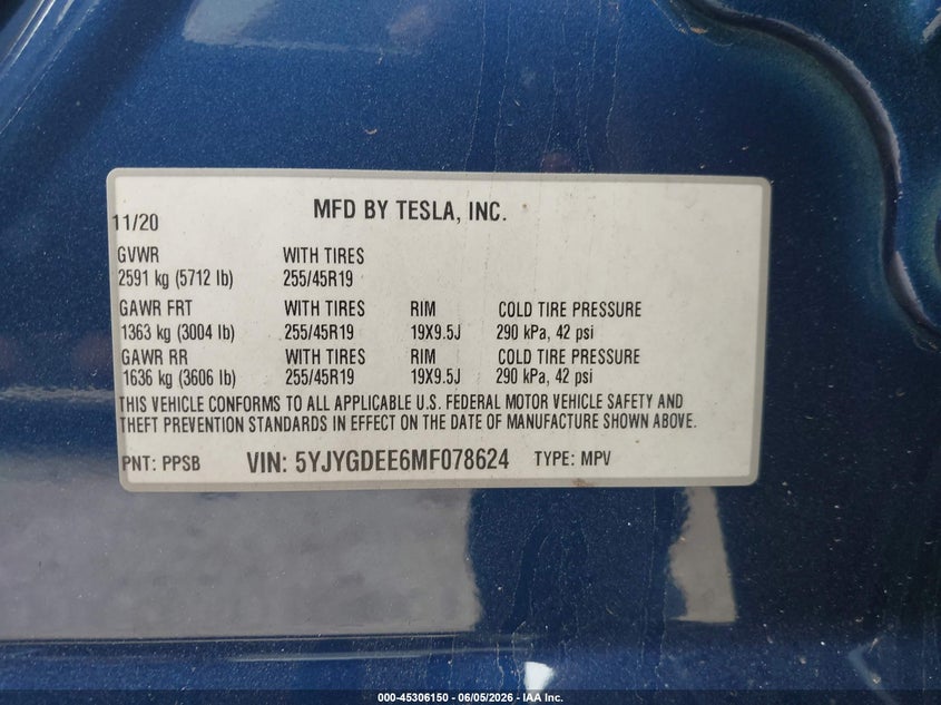 2021 Tesla Model y VIN 5YJYGDEE6MF078624 IAAI salvage auction — SIDE, Salvage (Texas), sold $5,500 on 2026-07-31 (photo 9)