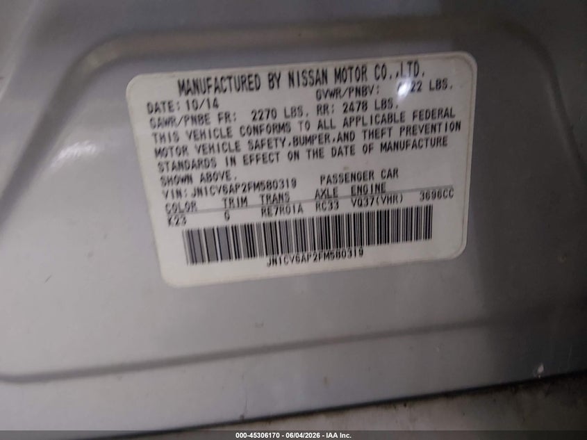 2015 Infiniti Q40 VIN JN1CV6AP2FM580319 IAAI salvage auction — NORMAL WEAR, Original (Texas), sold $825 on 2026-07-06 (photo 9)