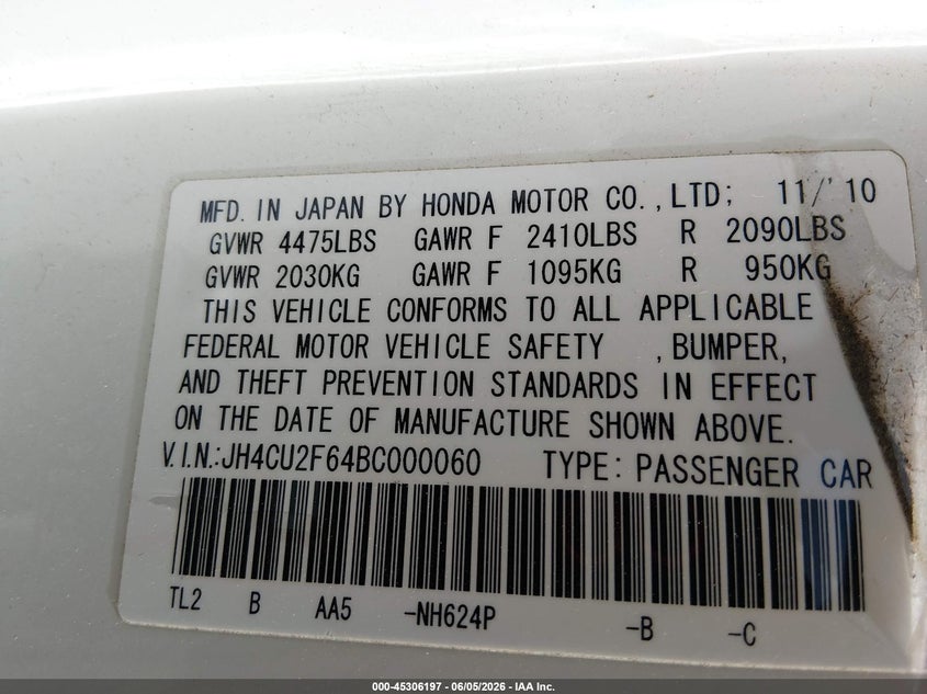 2011 Acura Tsx VIN JH4CU2F64BC000060 IAAI salvage auction — FRONT END, Salvage (Kansas), sold $25 on 2026-07-24 (photo 9)