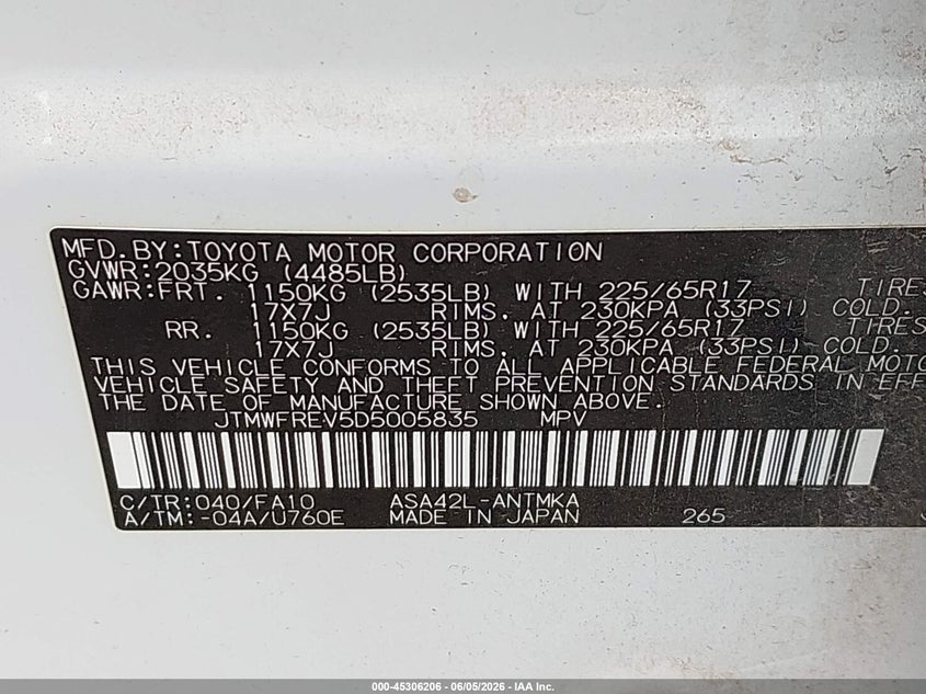 2013 Toyota Rav 4 VIN JTMWFREV5D5005835 IAAI salvage auction — HAIL, Original (Texas), sold $5,950 on 2026-07-14 (photo 9)