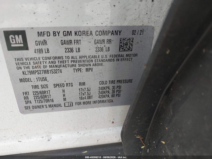 2021 Chevrolet Trailblazer VIN KL79MPS27MB153274 IAAI salvage auction — FRONT & REAR, Salvage Title, sold $1,200 on 2026-07-11 (photo 9)