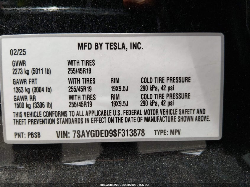 2025 Tesla Model y VIN 7SAYGDED9SF313878 IAAI salvage auction — REAR END, Salvage (Nevada), sold $10,900 on 2026-07-30 (photo 9)