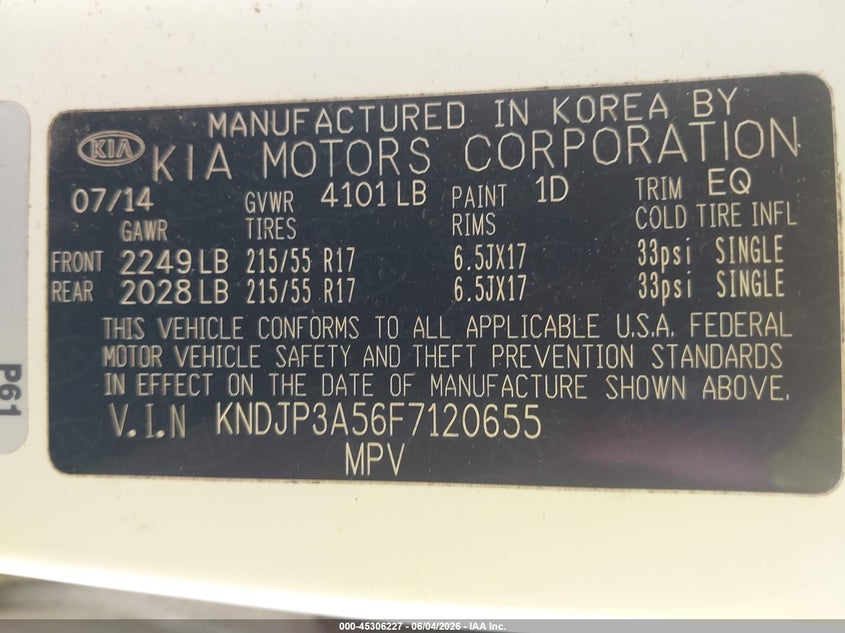 2015 Kia Soul VIN KNDJP3A56F7120655 IAAI salvage auction — NORMAL WEAR, Clear (Arkansas), sold $825 on 2026-07-16 (photo 9)