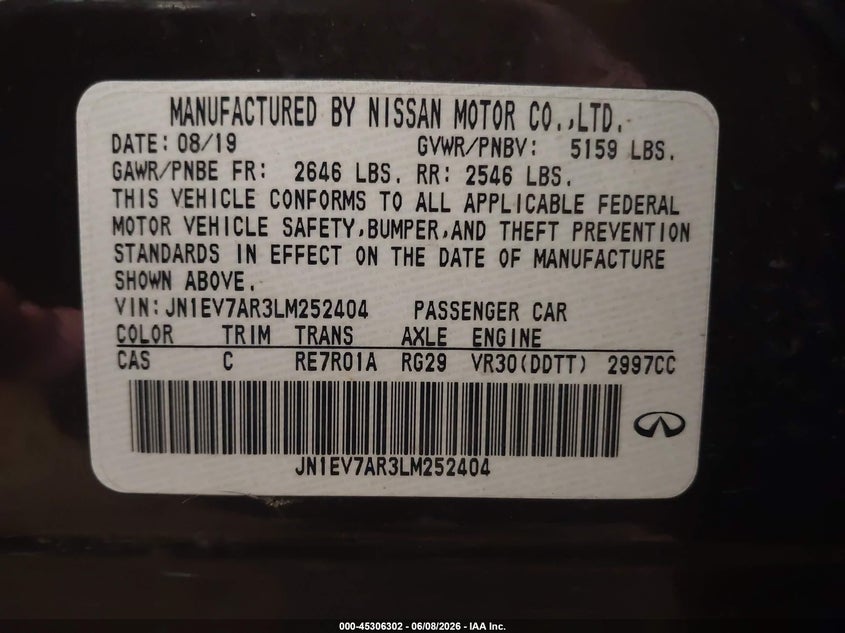 2020 Infiniti Q50 VIN JN1EV7AR3LM252404 IAAI salvage auction — HAIL, Regular (South Dakota), sold $1,650 on 2026-07-28 (photo 9)