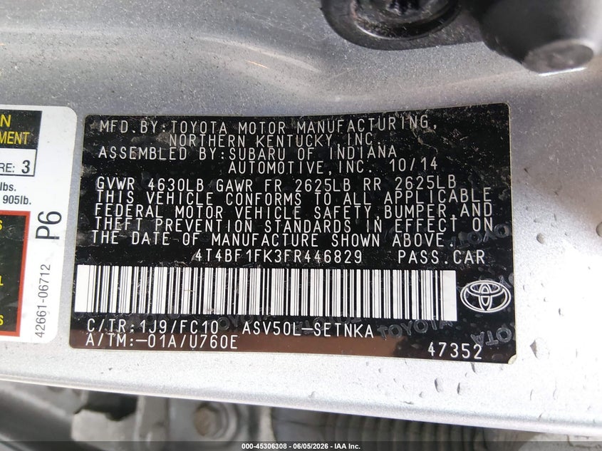 2015 Toyota Camry VIN 4T4BF1FK3FR446829 IAAI salvage auction — FRONT END, Salvage Title, sold $4,250 on 2026-07-09 (photo 9)