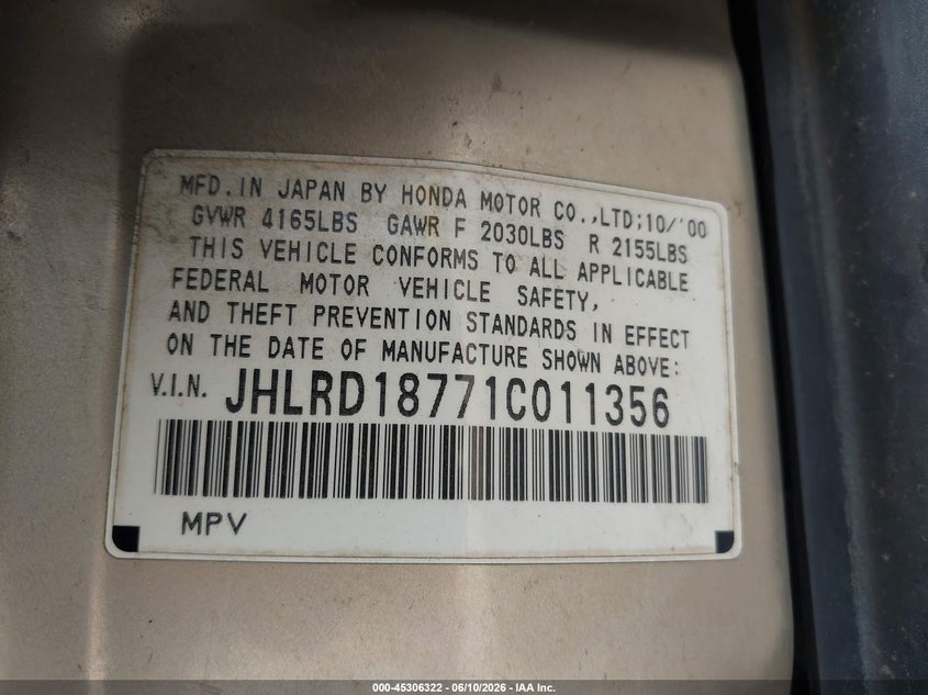 2001 Honda Cr-v VIN JHLRD18771C011356 IAAI salvage auction — NORMAL WEAR, Clear (Indiana), sold $375 on 2026-07-09 (photo 9)