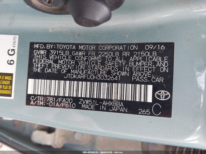2017 Toyota Prius VIN JTDKARFU0H3032641 IAAI salvage auction — HAIL, Salvage Title, sold $3,700 on 2026-07-17 (photo 9)