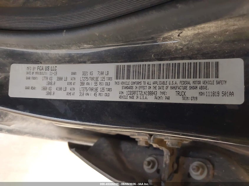 2020 Ram 1500 VIN 1C6SRFET2LN198843 IAAI salvage auction — Front End, Salvage, sold $6,750 on 2026-08-03 (photo 9)