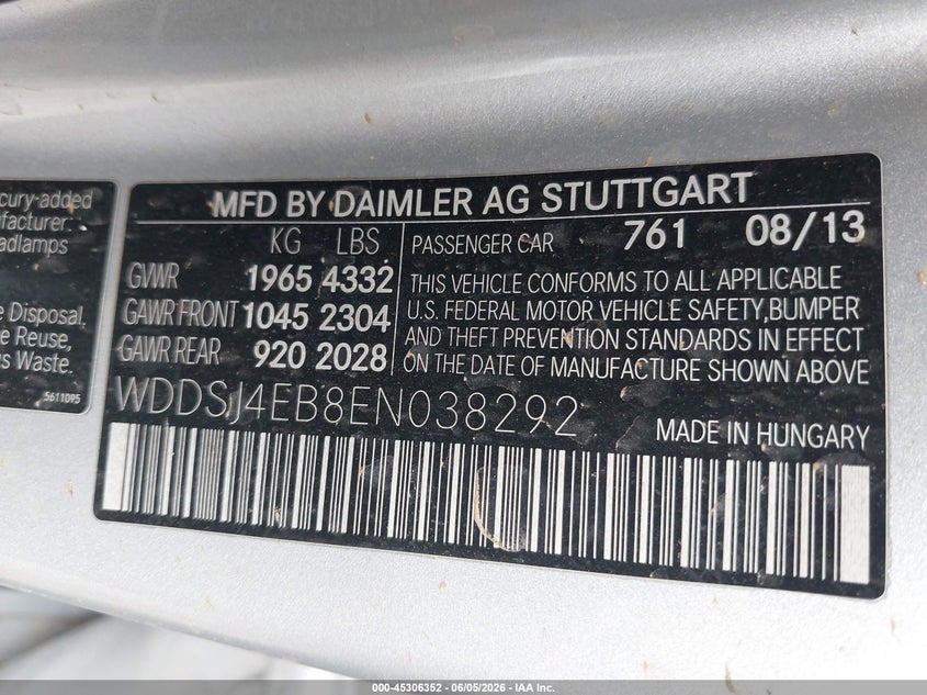 2014 Mercedes-benz Cla-klasse VIN WDDSJ4EB8EN038292 IAAI salvage auction — LEFT SIDE, Salvage Title, sold $1,975 on 2026-07-21 (photo 9)