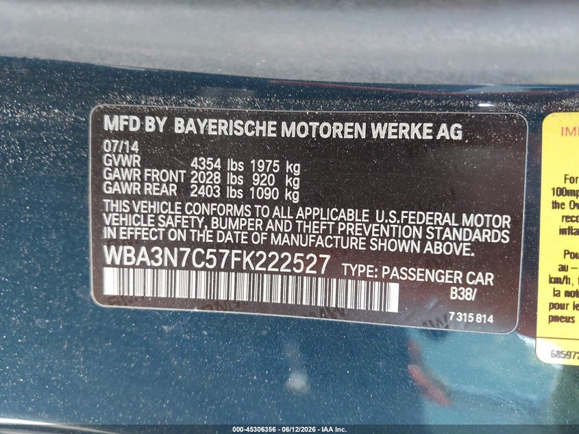 2015 BMW 4er VIN WBA3N7C57FK222527 IAAI salvage auction — FRONT END, Salvage (California), sold $1,700 on 2026-07-14 (photo 9)