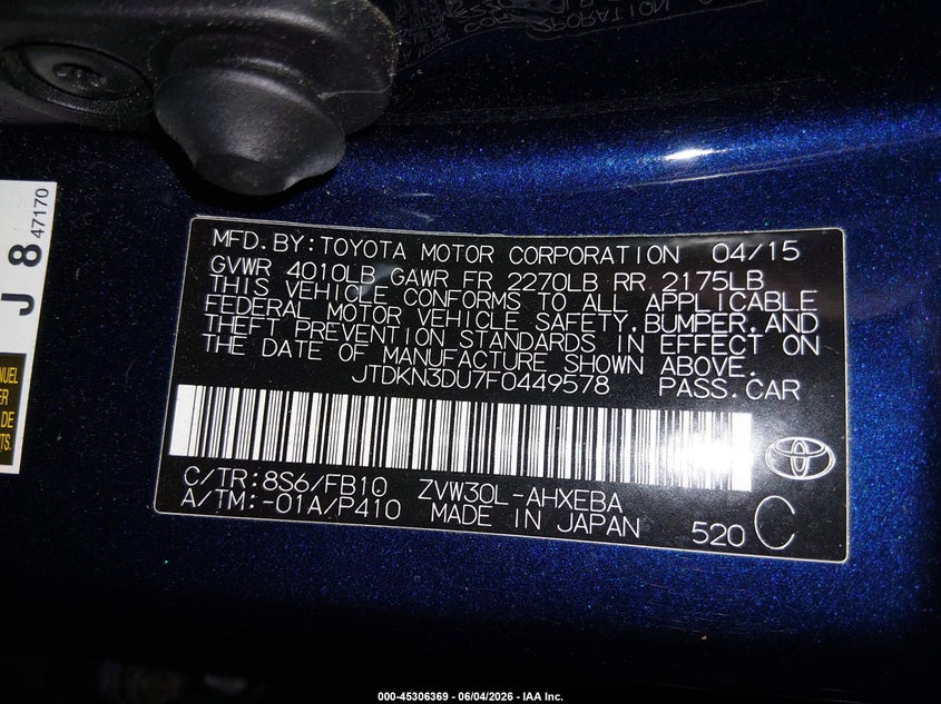 2015 Toyota Prius VIN JTDKN3DU7F0449578 IAAI salvage auction — FRONT END, Salvage Title, sold $1,500 on 2026-08-01 (photo 9)