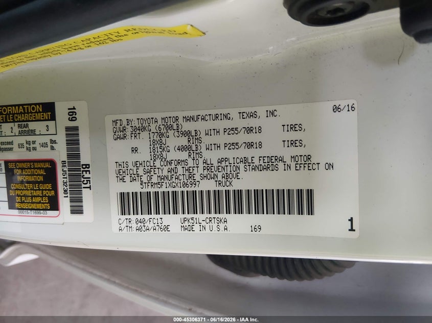 2016 Toyota Tundra VIN 5TFRM5F1XGX106997 IAAI salvage auction — FRONT END, Salvage (Louisiana), sold $4,125 on 2026-07-07 (photo 9)