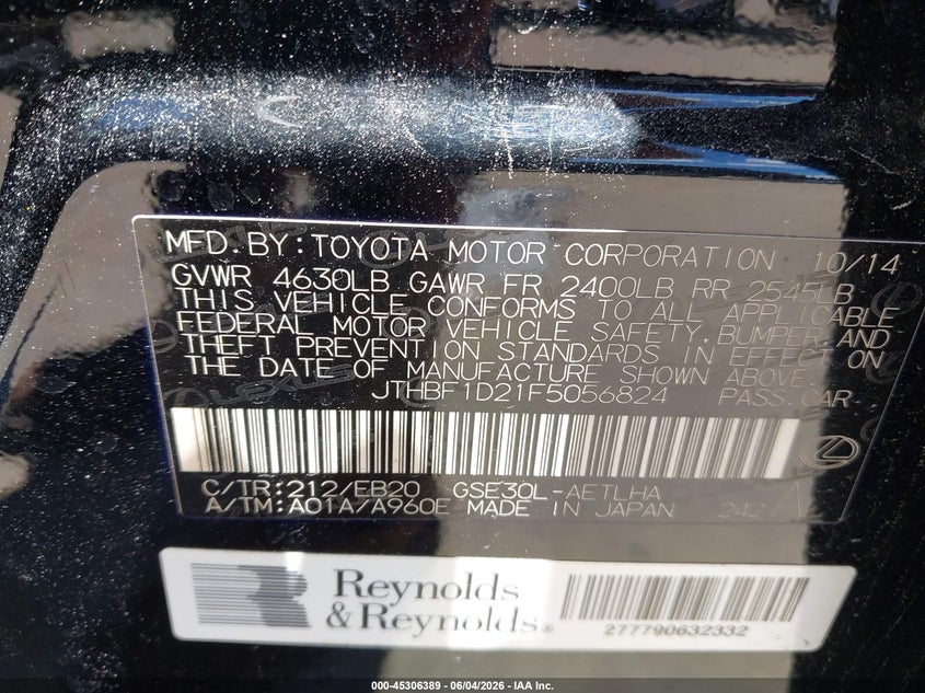 2015 Lexus Is VIN JTHBF1D21F5056824 IAAI salvage auction — HAIL, Salvage Title, sold $9,300 on 2026-07-16 (photo 9)