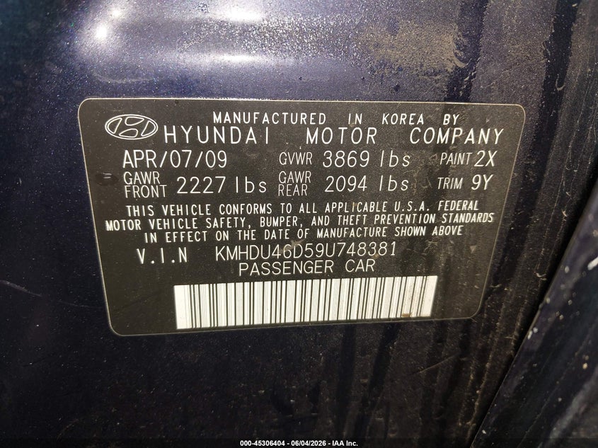 2009 Hyundai Elantra VIN KMHDU46D59U748381 IAAI salvage auction — NORMAL WEAR, Salvage (Idaho), sold $575 on 2026-07-16 (photo 9)