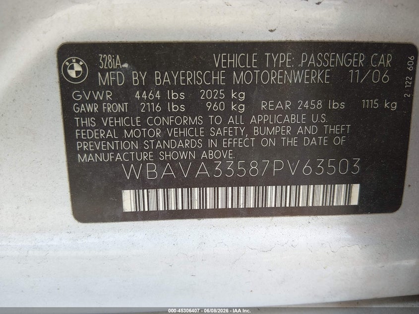 2007 BMW 3 series VIN WBAVA33587PV63503 IAAI salvage auction — FRONT END, Salvage (California), sold $475 on 2026-07-16 (photo 9)