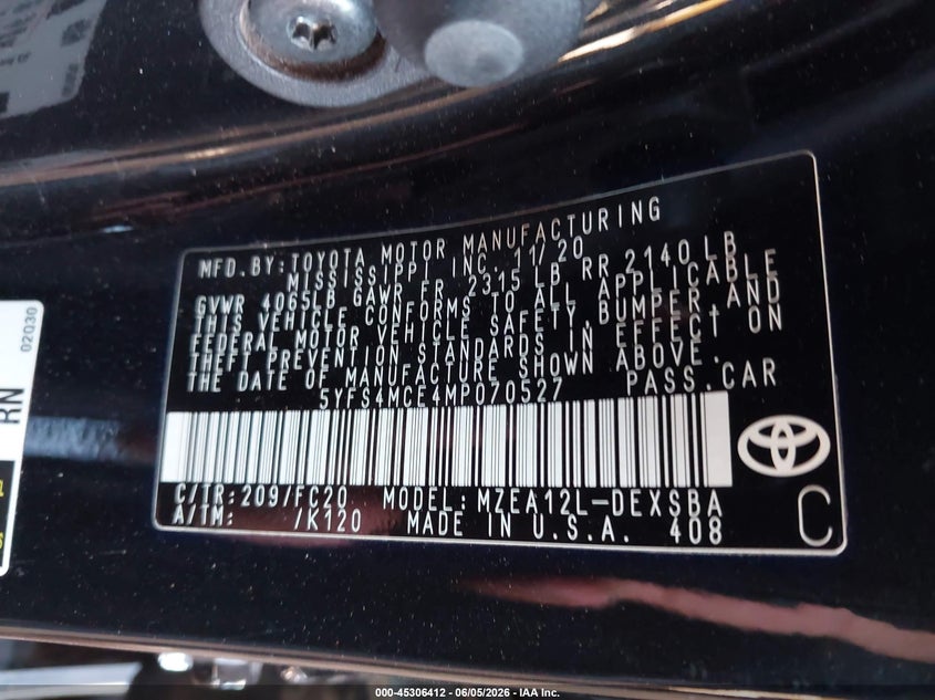 2021 Toyota Corolla VIN 5YFS4MCE4MP070527 IAAI salvage auction — REAR END, Salvage Title, sold $6,600 on 2026-07-11 (photo 9)
