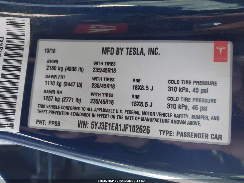 2018 Tesla Model 3 VIN 5YJ3E1EA1JF102626 IAAI salvage auction — FRONT END, Salvage Title, sold $6,100 on 2026-07-09 (photo 9)