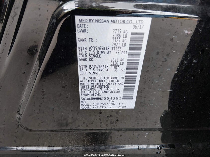 2017 Infiniti Qx60 VIN 5N1DL0MM6HC554381 IAAI salvage auction — FRONT END, Salvage Title, sold $4,200 on 2026-07-23 (photo 9)