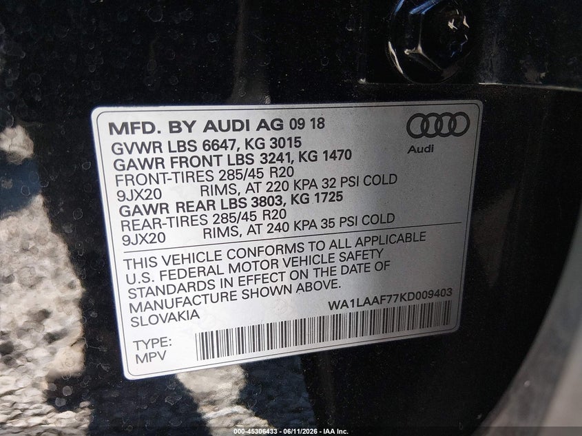 2019 Audi Q7 VIN WA1LAAF77KD009403 IAAI salvage auction — REAR END, Salvage Title, sold $25 on 2026-07-29 (photo 9)